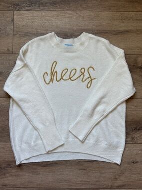 CeCe Cream Supersoft Crewneck Sweater with Gold Beaded 'cheers' Script